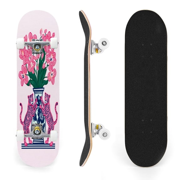 31"x8" Pink Tigers Floral Complete Skateboards for Beginners, Double Kick 7 Ply Maple Deck Orchid flowers botanical vivid Skateboard with Wheels, Gifts for Kids Teens