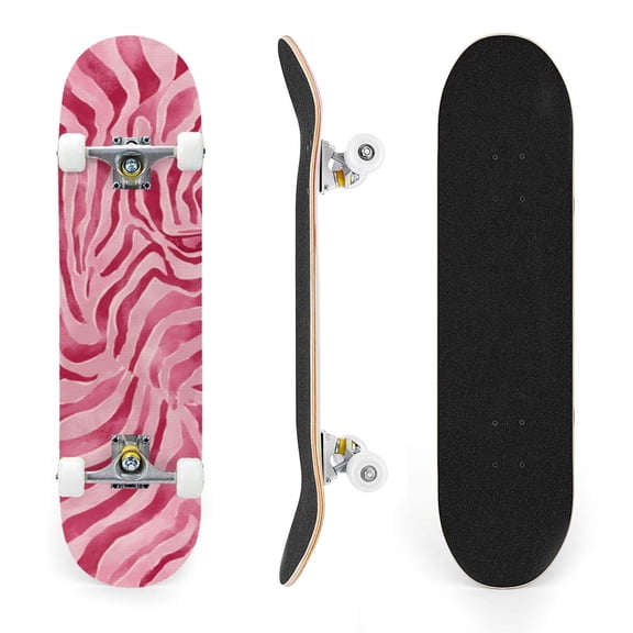 31"x8" Complete Skateboards for Beginners,Pink Zebra Print Bold Stripes Watercolor Double Kick 7 Ply Canadian Maple Deck Skateboard with Wheels, Gifts for Kids Teens