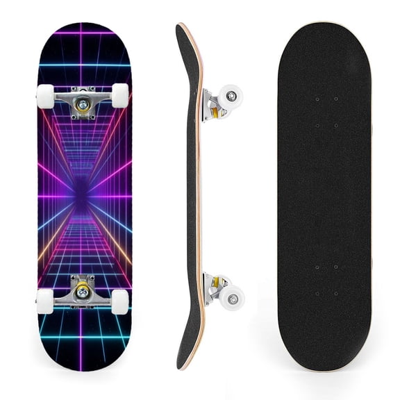 31"x8" Retro Futuristic Neon Grid Tunnel Complete Skateboards for Beginners, Double Kick 7 Ply Maple Deck Skateboard with Wheels, Gifts for Kids Teens