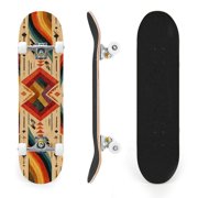 31"x8" Complete Skateboards for Beginners,Seamless Tribal Southwestern Ethnic Double Kick 7 Ply Canadian Maple Deck Skateboard with Wheels, Gifts for Kids Teens
