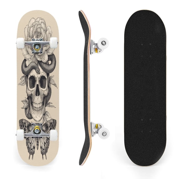 31"x8" Skull Blooming Flower Coiled Snake Detailed Complete Skateboards for Beginners, Double Kick 7 Ply Maple Deck Skateboard with Wheels, Gifts for Kids Teens