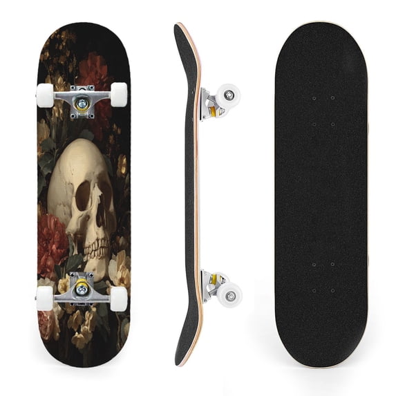 31"x8" Skull Red White Flowers Dark Complete Skateboards for Beginners, Double Kick 7 Ply Maple Deck Skateboard with Wheels, Gifts for Kids Teens