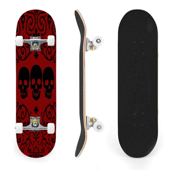 31"x8" Skull Retro Baroque Damask Goth Red Black Complete Skateboards for Beginners, Double Kick 7 Ply Maple Deck Skateboard with Wheels, Gifts for Kids Teens