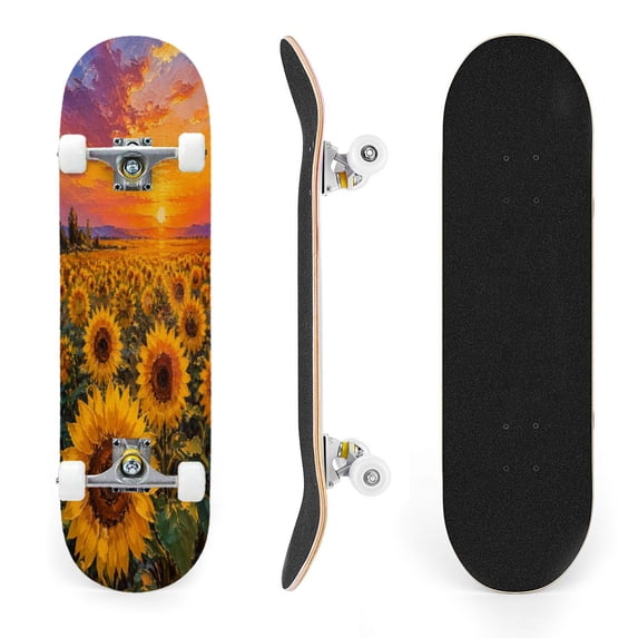 31"x8" Sunflower Field Complete Skateboards for Beginners, Double Kick 7 Ply Maple Deck Sunset Golden Sky Skateboard with Wheels, Gifts for Kids Teens