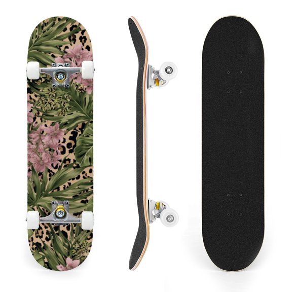 31"x8" Complete Skateboards for Beginners,Tropical Jungle Leaves Pink Floral Leopard Print Double Kick 7 Ply Canadian Maple Deck Skateboard with Wheels, Gifts for Kids Teens