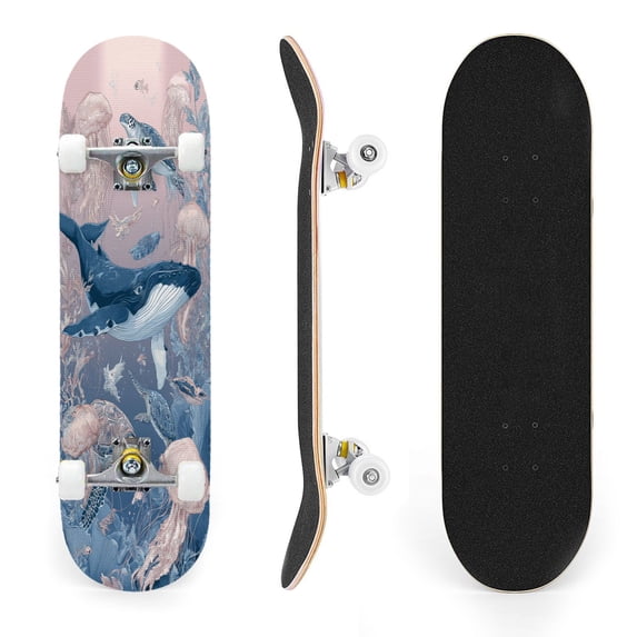 31"x8" Underwater Ocean Whales Sea Turtles Jellyfish Complete Skateboards for Beginners, Double Kick 7 Ply Maple Deck Skateboard with Wheels, Gifts for Kids Teens