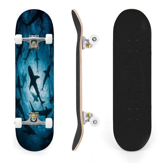31"x8" Underwater Shark School Crystal Clear Ocean Complete Skateboards for Beginners, Double Kick 7 Ply Maple Deck Skateboard with Wheels, Gifts for Kids Teens