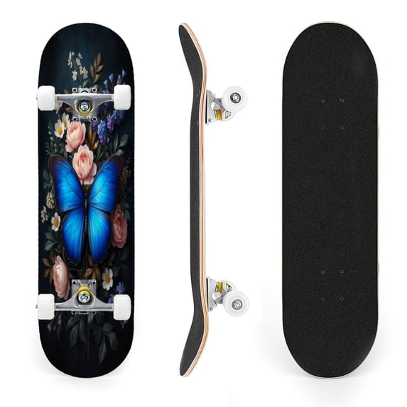 31"x8" Vibrant Blue Butterfly Elegant Floral Complete Skateboards for Beginners, Double Kick 7 Ply Maple Deck Skateboard with Wheels, Gifts for Kids Teens