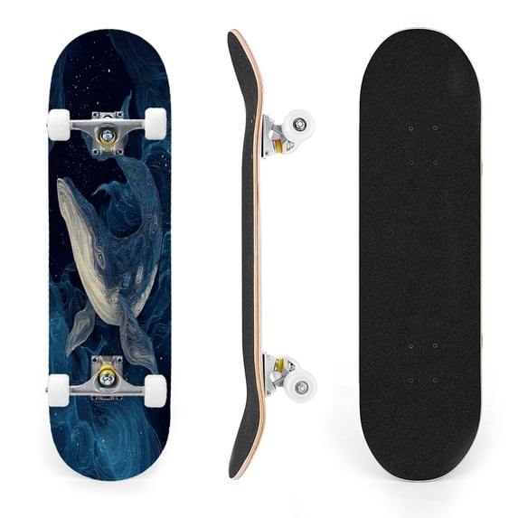 31"x8" Whale Swimming Cosmic Ocean Blue Swirls Complete Skateboards for Beginners, Double Kick 7 Ply Maple Deck Skateboard with Wheels, Gifts for Kids Teens