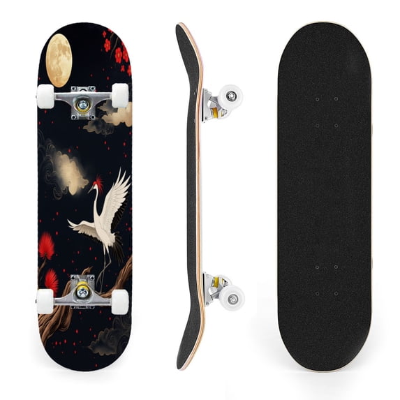 31"x8" White Crane Tree Branch Full Moon Red Flowers Complete Skateboards for Beginners, Double Kick 7 Ply Maple Deck Skateboard with Wheels, Gifts for Kids Teens