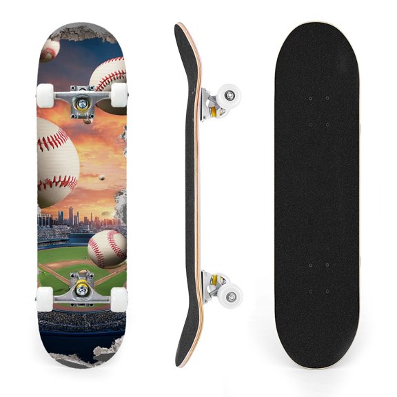 31"x8" Complete Skateboards for Beginners,baseball stadium giant baseballs sunset sky Double Kick 7 Ply Canadian Maple Deck Skateboard with Wheels, Gifts for Kids Teens