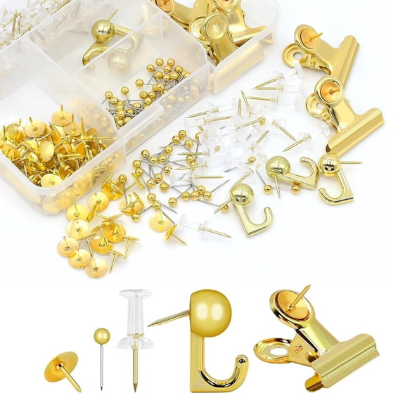 310 Pcs Gold Push Pins Set Thumb Tacks Decorative Push Pins for Cork Board with Push Pin Hook Pushpin Clip 5 Style Office Accessories for Cork Board Map Office (Gold)