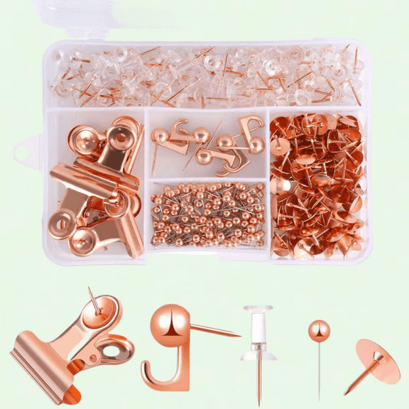 310 Pcs Rose Gold Push Pins Set, Rose Gold Thumb TacksPush Pins for Cork Board with Push Pin Hook Pushpin Clip, Office Accessories