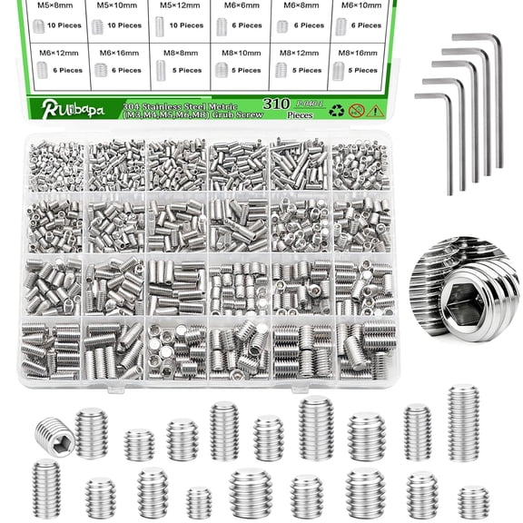 310 Pcs Set Screw Assortment Kit 24 Size 304 Stainless Steel Metric (M3,M4,M5,M6,M8) Grub Screw, Set Screws for Bathroom Fixtures,Set Screw Assortment Kit