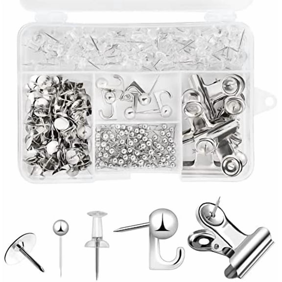 310 Pcs Silver Push Pins Set, Thumb Tacks Decorative Push Pins for Cork Board with Push Pin Hook Pushpin Clip 5 Style Office Accessories for Cork Board Map Office (Silver)