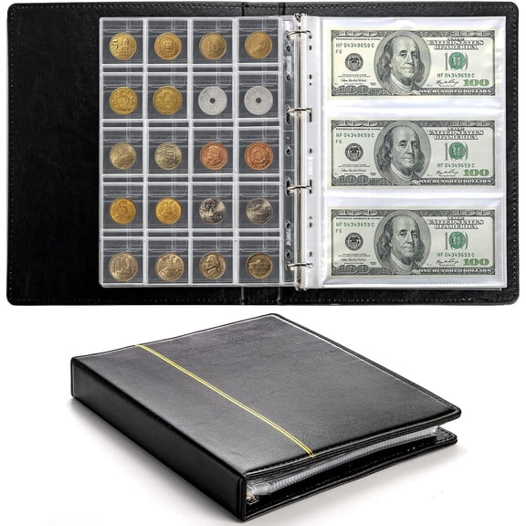 310 Pockets Coin Currency Collection Book Holder for Collectors, 250 Pockets Coin Collection Album and 60 Sleeves Paper Money Banknote Binder, Coin Currency Collection Supplies, Black