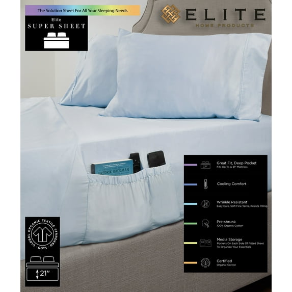 310 Thread Count, 100% Organic Cotton, Cooling Comfort, 21" Deep Pocket, Wrinkle-resistant, Media Storage, Super Sheet Set, Split King, Blue