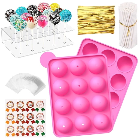 311 Piece Cake Pop Maker Kit Pink Silicone Baking Mold with 15 Hole Clear Acrylic Display Stand Sticks Bags Twist Ties Sticker Labels