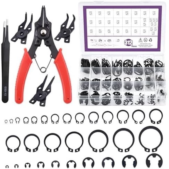 312 count 4 in 1 Snap Ring Pliers with Alloy Steel M4-M28mm C-clip External Retaining Rings Snap Rings and 1.5mm-10mm E-clips Retaining Rings Kit, Included Tweezer for Pin Clips Repair