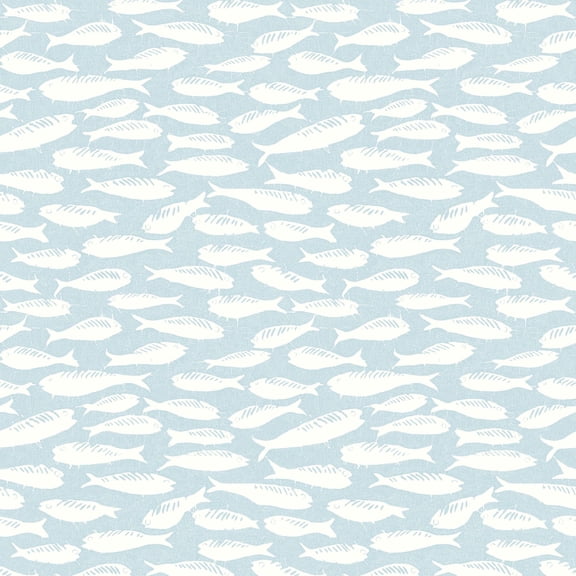 3122-10504 Nunkie Sardine Wallpaper with Playful Coastal Charm in Aqua Blue Off White Colors Coastal Style Prepasted Acrylic Coated Paper
