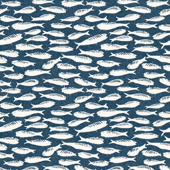 3122-10522 Nunkie Navy Sardine Wallpaper with Playful Coastal Charm in Navy Blue Off White Colors Coastal Style Prepasted Acrylic Coated Paper