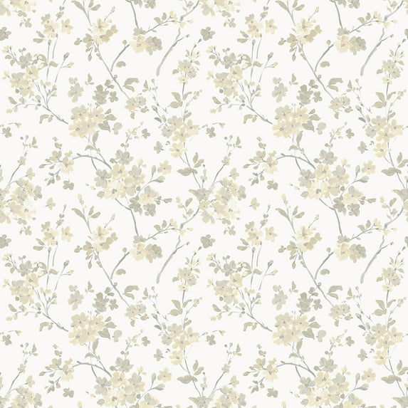 3122-10903 Glinda Light Yellow Floral Trail Wallpaper with Feminine Vintage Stylings in Light Yellow Neutral White Colors Farmhouse Style Prepasted Acrylic Coated Paper