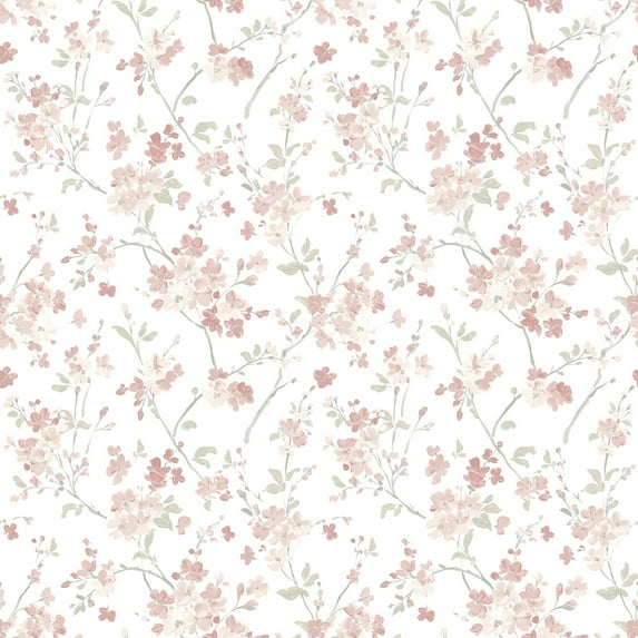 3122-10908 Glinda Rose Floral Trail Wallpaper with Hand Painted Flowers in Rose Pink Beige White Colors Farmhouse Style Prepasted Acrylic Coated Paper