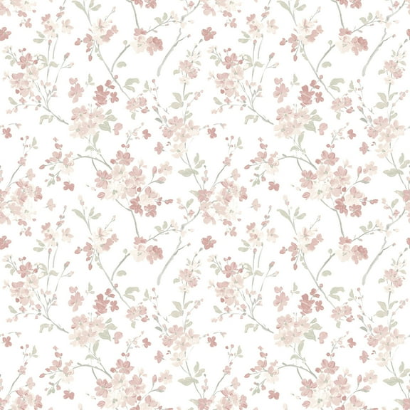 3122-10908 Glinda Rose Floral Trail Wallpaper with Hand Painted Flowers in Rose Pink Beige White Colors Farmhouse Style Prepasted Acrylic Coated Paper