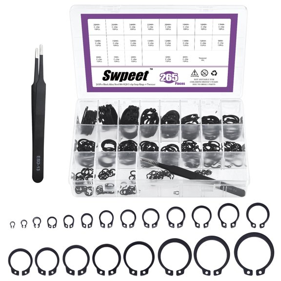 312Pcs 4 in 1 Snap Ring Pliers with Alloy Steel M4-M28mm C-clip External Retaining Rings Snap Rings and 1.5mm-10mm E-clips Retaining Rings Assortment Kit, Included Tweezer for Pin Clips Repair