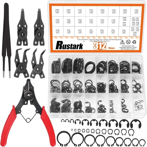 312Pcs 4 in 1 Snap Ring Pliers with M1.5-M10 Black E-Clip Circlip Retaining Rings Assortment Kit and M4-M28 C-Clip External Snap Rings Assortment Kit with Tweezers