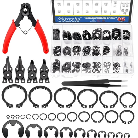 312Pcs 65Mn-Steel Circlip Snap Retaining Clip and E-Clip Assortment with Snap Ring Plier Set, 4MM-28MM C-Clip External Retaining Rings and 1.5MM-10MM E-Ring Circlip Rings and A Tweezer