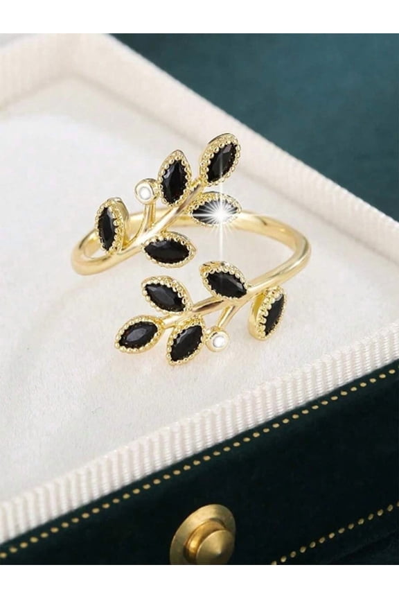313 Black Zirconium/Gold Autumn Leaf Open Ring With Black Zirconia And Pearl Accents, Elegant Floral Jewelry For Daily Wear