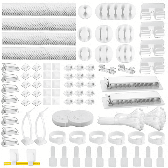 313-Piece Cable Management Kit with 67 Cord Clips, 4 Split Cable Sleeves, 22 Reusable Cable Ties, 200 Zip Ties & 20 Mounts, White