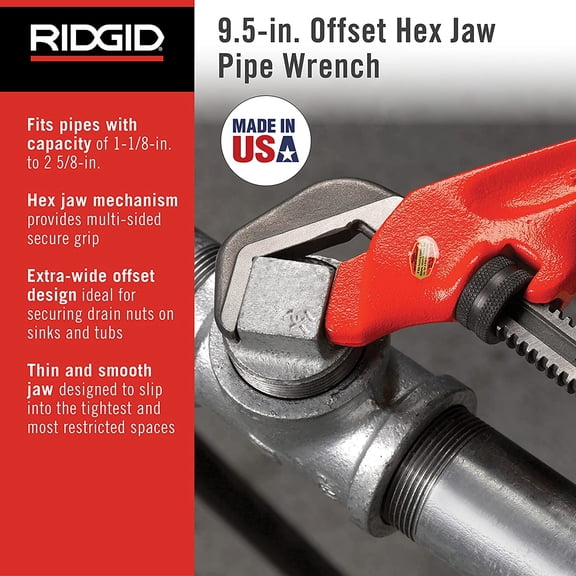 31305 Model E-110 9.5" Offset Hex Jaw Pipe Wrench, Red, Made in The USA