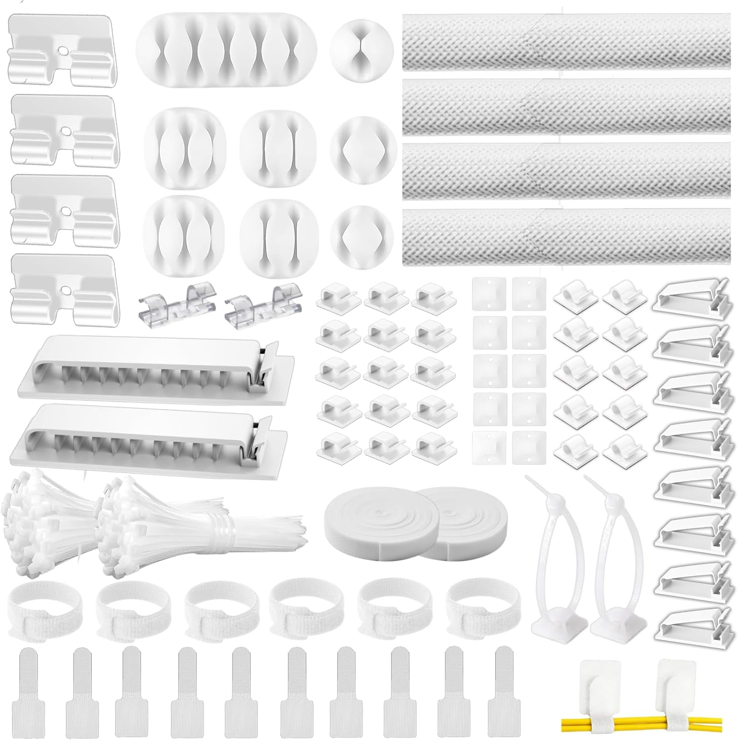 [313Pcs] Cable Management Kit, 67 Adhesive Clips, Desk Cord Organizer, 22 Reusable Strap, 4 Sleeve Split, 200 Nylon Zip Ties with 20 Mounts for TV Office Home, White