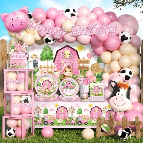313pcs Farm Birthday Decorations for Girl, Worry-free One-stop Set for 25 Guests, with Thick Plates Banner Centerpieces and Cupcake Toppers, Easy Setup for Farm Themed Party