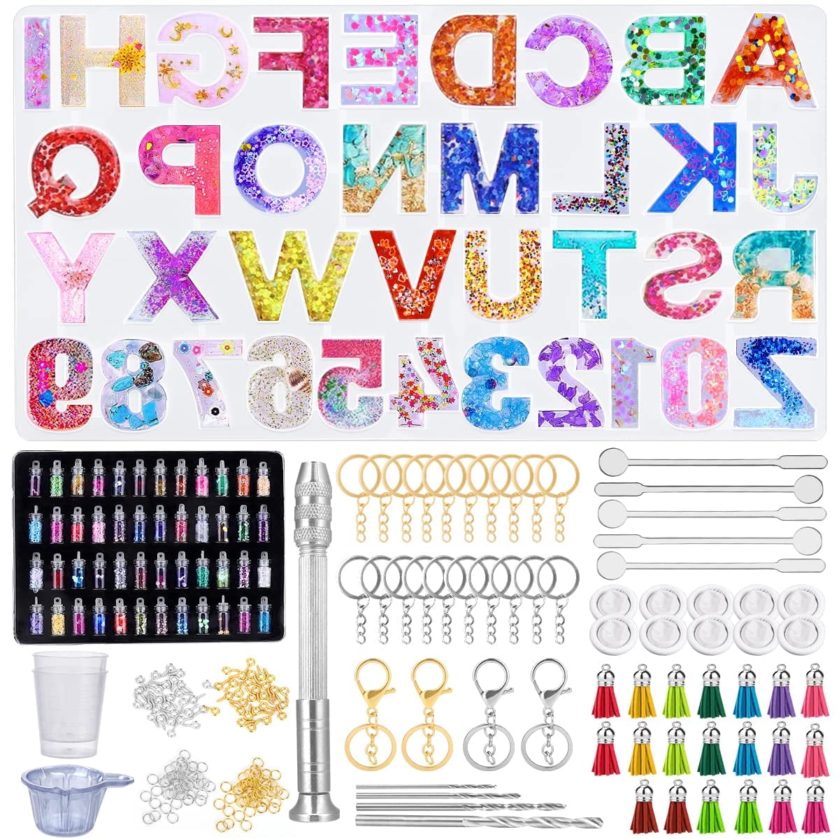 314-Piece Silicone Resin Mold Kit with Alphabet & Number Molds | Epoxy Craft Set Includes 48 Glitter Colors & Tools Accessories | Reusable Molds for DIY Jewelry, Keychains, Earrings, Tassel Pendants