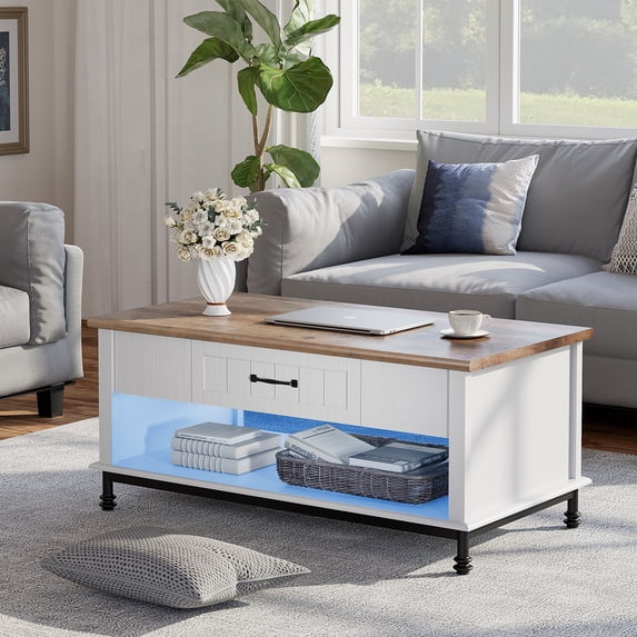 WAMPAT Farmhouse Coffee Table, with Blue LED Lights, Large Rectangle Center Table with 1 Drawers and Open Storage Shelf for Living Room, 42", White/Oak, Wood/Metal
