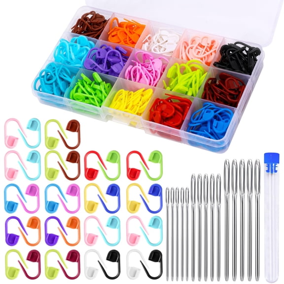315 Pieces Stitch Markers Kit for Crocheting Knitting, Locking Stitch Clips with 15 Big Eye Blunt Needles, 15 Colors Plastic Markers for DIY Crafts, Sewing Needles Included