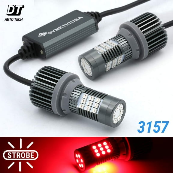 3157 Error Free Canbus Red Flashing Strobe Blinking Rear Alert Safety Brake Tail Stop High Power LED Light Bulbs All in One Built In Resistors