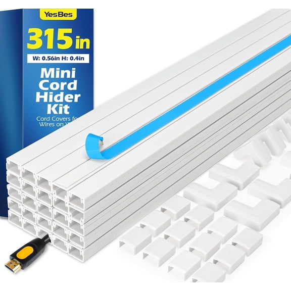 315in Cord Hider Kit, Cord Covers for Wires on Wall, Cord Hider for Wall Mount tv, tv Cable Hider Wall kit, Paintable Cable Raceway, Wire Covers for Cords, 20X L15.7in X W0.59in X H0.4in, White