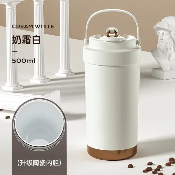 316 Stainless Steel Ceramic Liner Thermos Cup Portable Take-away Coffee Cup Double Drink with Straw Vacuum Insulated Bottle (Cream white 500ml,500ml)
