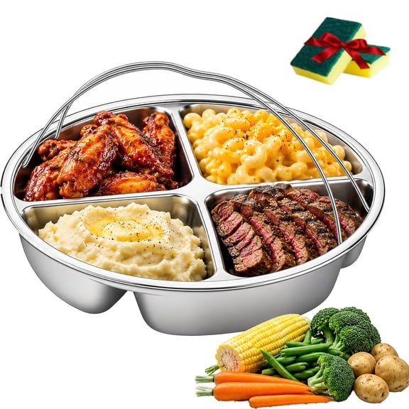316 Stainless Steel Divided Plate with Double Handles, Round Divided Dinner Plate with 5 Compartments, Portion Control Tray and Divided Steamer Tray for Vegetables, Fish, Meat and Eggs