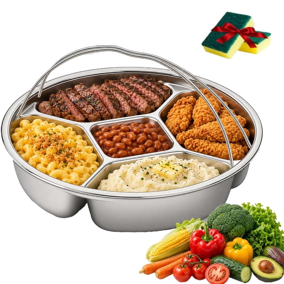 316 Stainless Steel Divided Plate with Double Handles, Round Divided Dinner Plate with 5 Compartments, Portion Control Tray and Divided Steamer Tray for Vegetables, Fish, Meat and Eggs