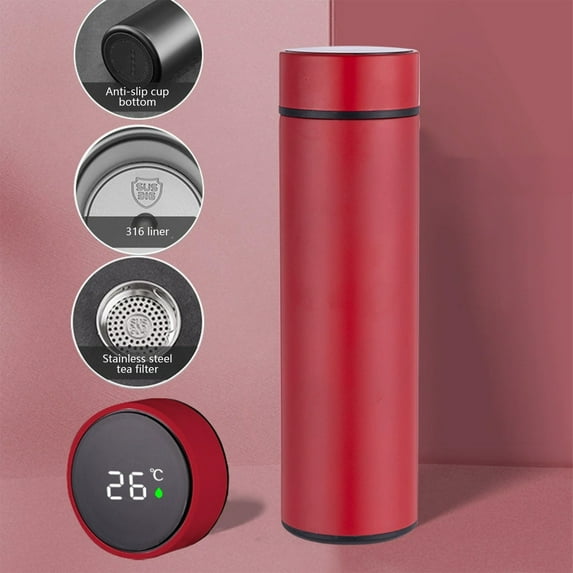 316 Stainless Steel Smart Insulated Water Bottle 500ml | Real-Time Temperature Display Lid | Built-In Tea Strainer | Leakproof, Portable, Antiskid Base | Multiple Colors, Durable Travel Thermos