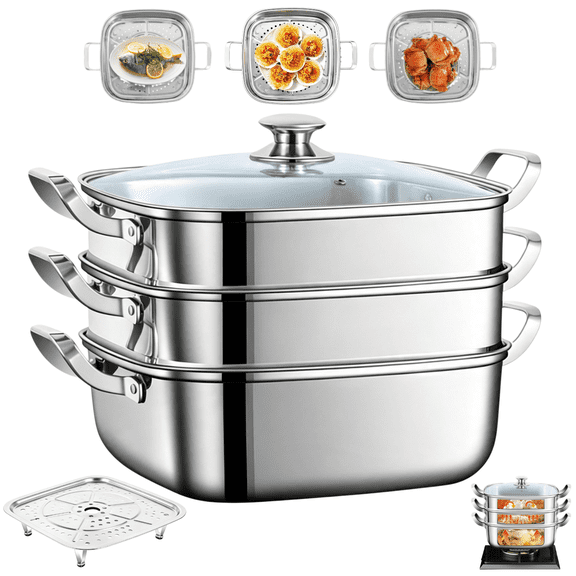316 Stainless Steel Square Steamer Pot with Visible Glass Lid, Large Capacity, Dishwasher Safe, For Multi Cookware Compatible with Induction Gas Ceramic Stove