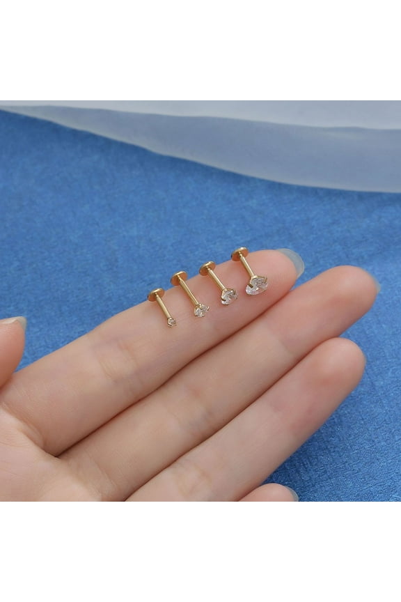 316 Surgical Stainless Steel Clear Cubic Zirconia Threadless Labret Stud Tragus Stud Flat Back Earring Golden 8mm Pin: 1.2mm Head: 4mm