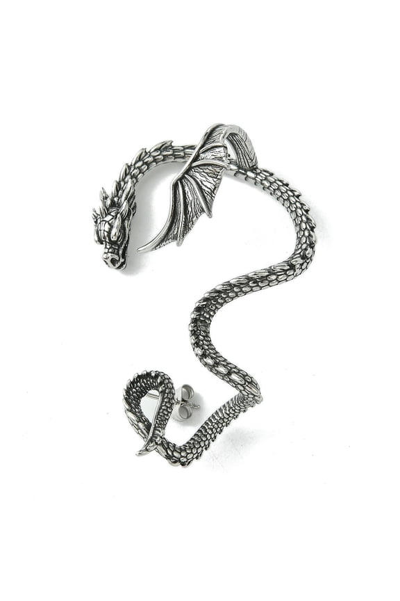 316 Surgical Stainless Steel Cuff Earrings Dragon Left Silver 65.5x42.5mm