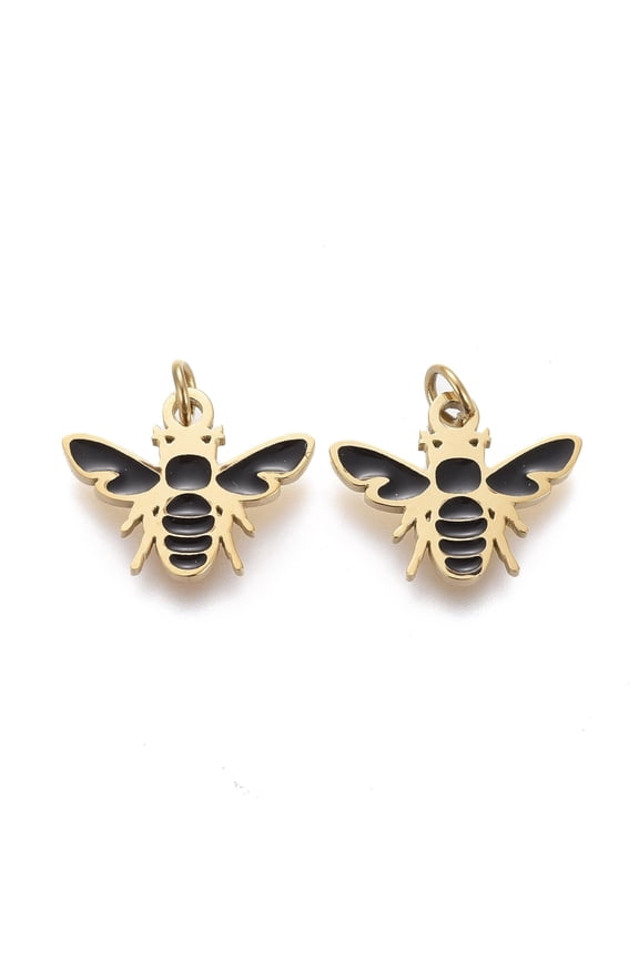 316 Surgical Stainless Steel Enamel Charms Bee Shape Black Golden 8.5x11x0.8mm Jump Ring: 2.8x0.5mm 1.5mm Inner Diameter