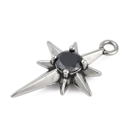 316 Surgical Stainless Steel Micro Pave Cubic Zirconia Pendants Silver Star Charm Black 28.5x18x6mm Hole: 2mm